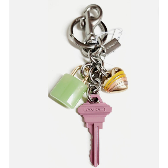 COACH Key Cluster Bag Charm Key Chain Fob Silver/Pink Multi Green Heart NWT - Picture 1 of 5